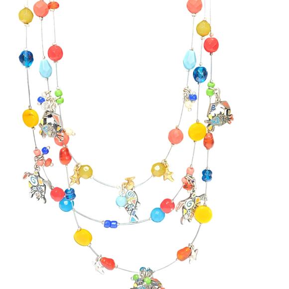 Chicos Triple Strand Bead Dangle Charm Necklace Turtle Crab Fish Beachy Surf 16" - Picture 2 of 5